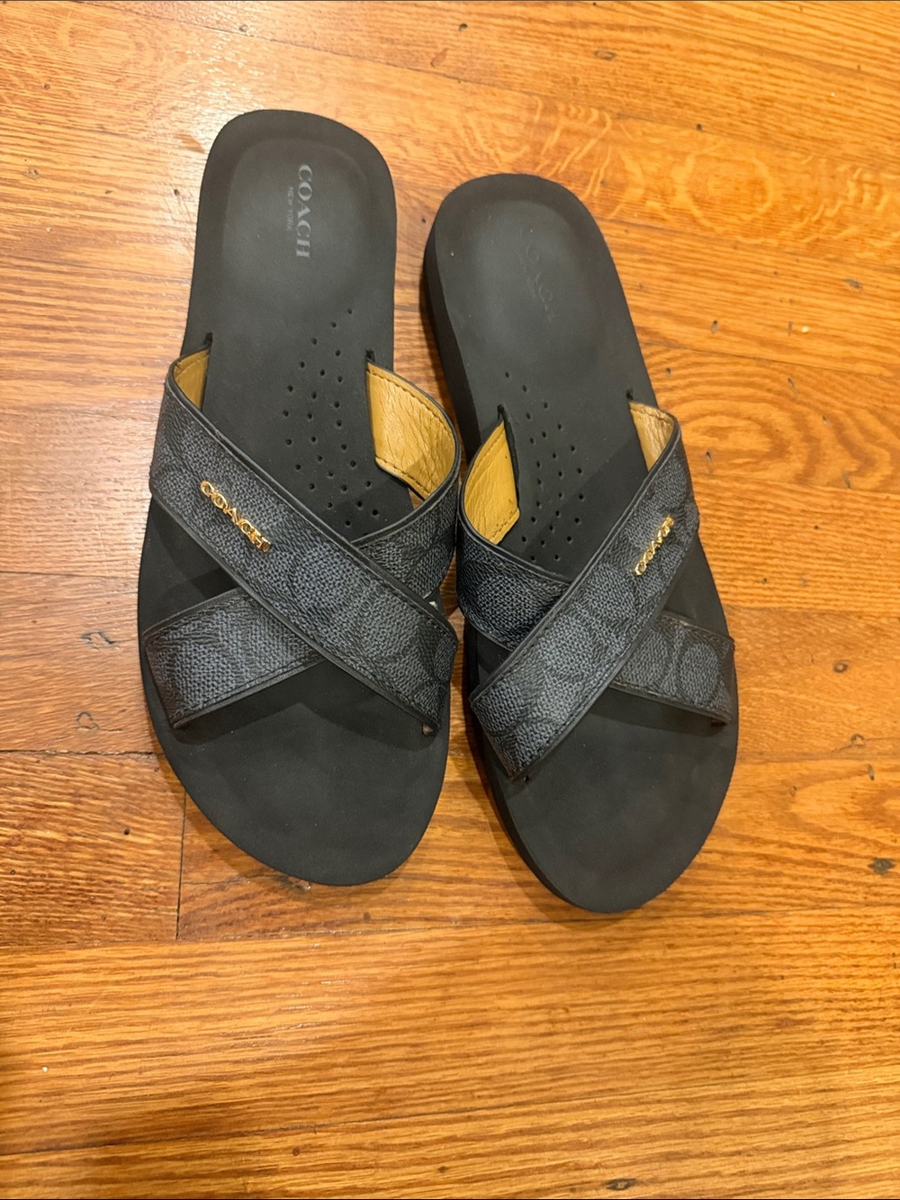size 9.5 coach Black Cross-Strap Men’s Slide Sandals with Tan Accent